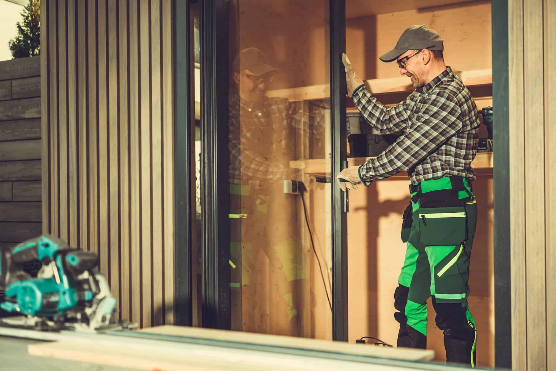 Contractor Installing Aluminium Frame Window Glass Doors Inside a Shed