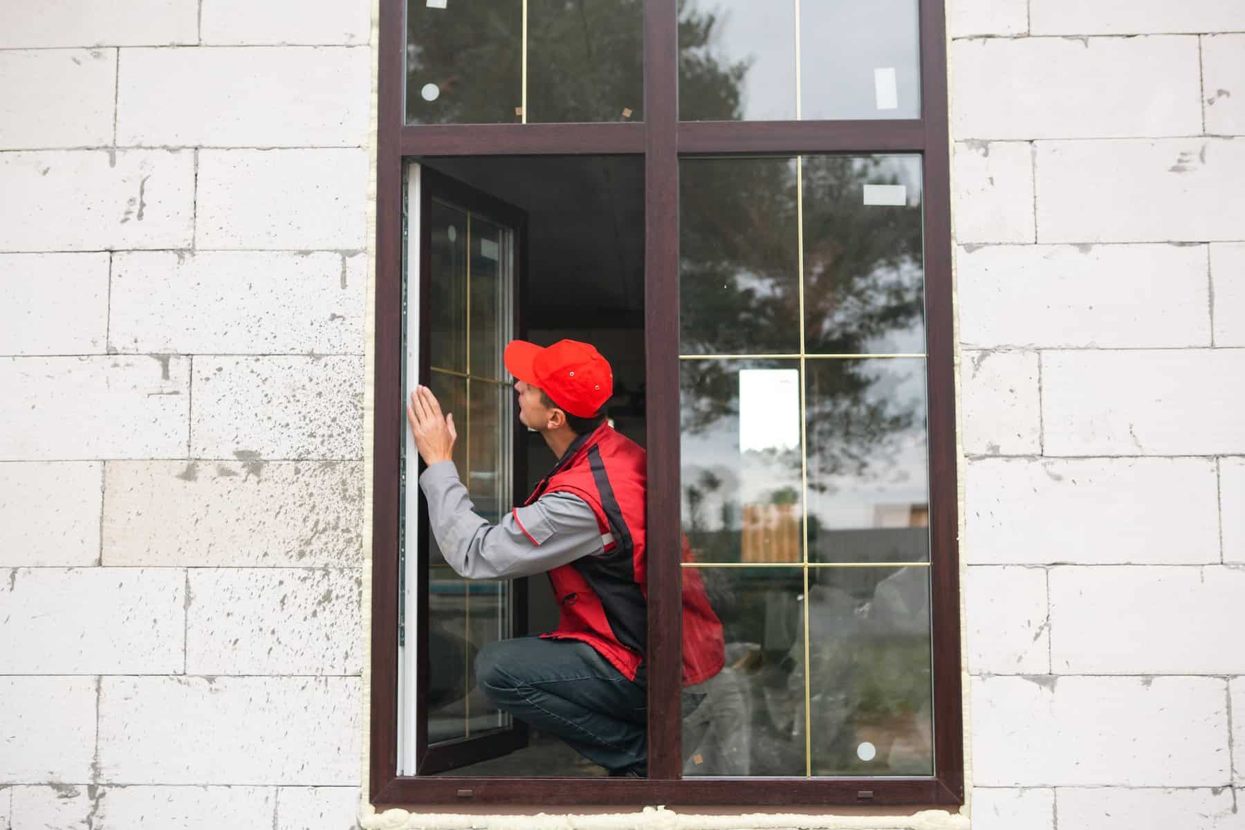 The window installer adjusts the hinges and checks new windows in the cottage under construction. Or