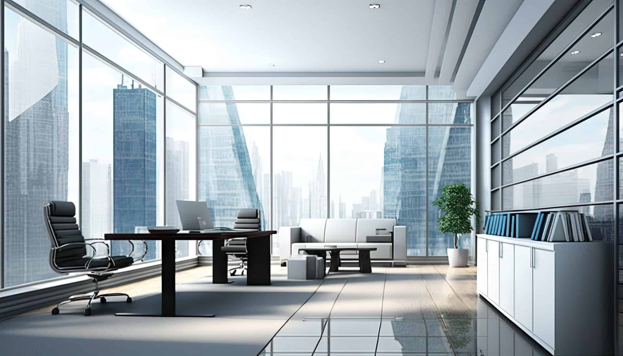 White office room interior with glass wall and city view in the background. Generative AI